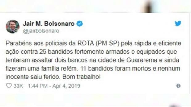 Bolsonaro parabeniza policiais por ação com 11 assaltantes mortos