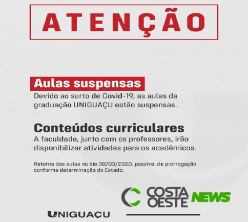 Uniguaçu suspende aulas em prevenção ao Covid-19