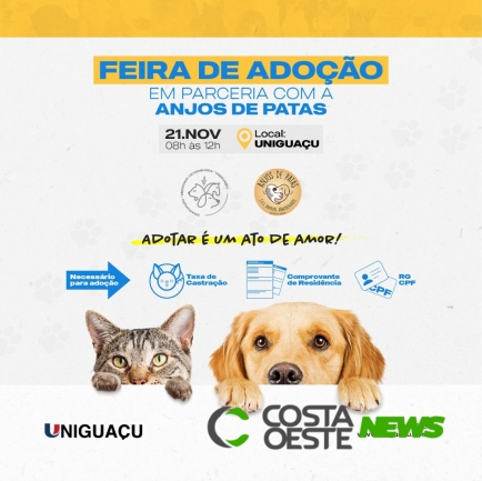 Em parceria com a entidade Anjos de Patas, UNIGUA??U realiza feira de adoção de pets neste sábado (21)