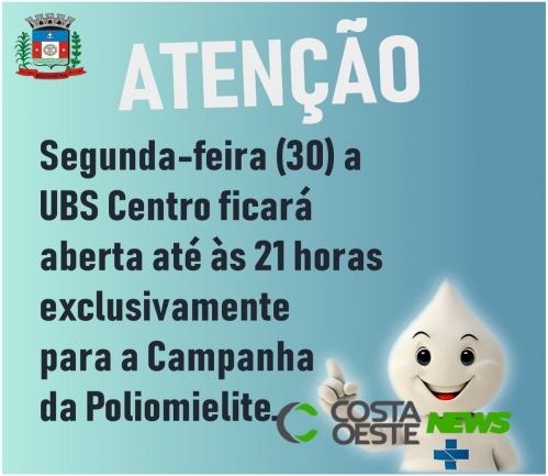 Segunda-feira (30) é o último dia da vacinação contra a Poliomielite 