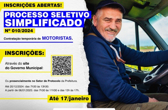 Estão abertas as inscrições do Processo Seletivo Simplificado para contratação de motoristas