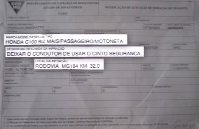 Motociclista do Paraná leva multa por não usar cinto de segurança em cidade mineira que nunca visitou