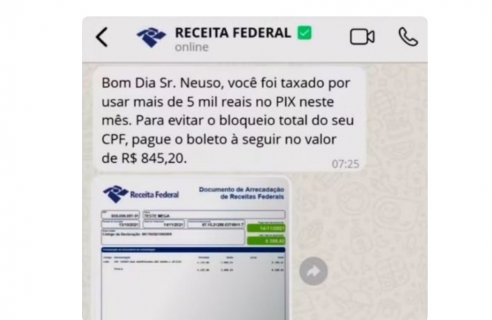 Receita Federal alerta para tentativa de golpe com falsa cobrança de taxa sobre o PIX