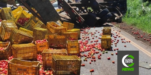 Acidente com caminhão carregado com tomates interdita a PR-495 em Missal