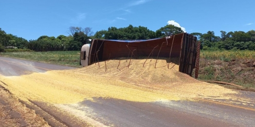 Caminhão carregado com grãos tomba na PR 495, em Missal