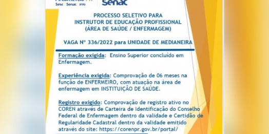 Senac Medianeira abre processo seletivo para Instrutor de Educação Profissional