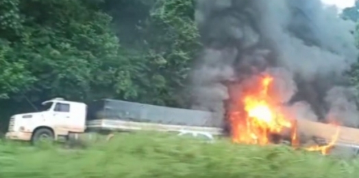 Vídeo mostra pai tentando salvar filho de carreta em chamas na BR-467