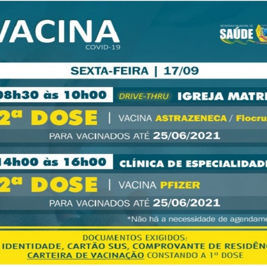 2ª dose das vacinas AstraZeneca/Fiocruz e Pfizer será aplicada nessa sexta-feira (17) em SMI