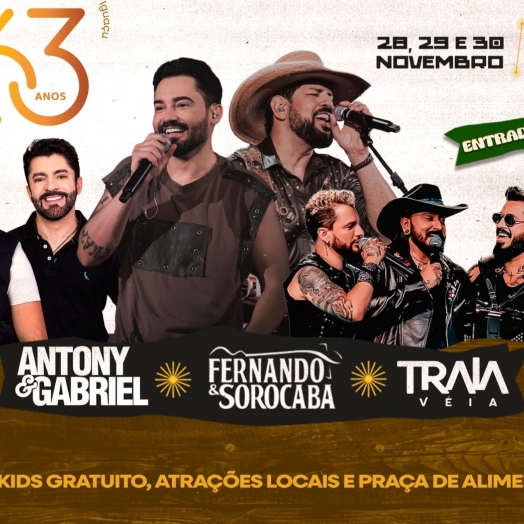 SMI: Aniversário de 63 anos terá shows de Fernando & Sorocaba; Antony & Gabriel e Traia Véia