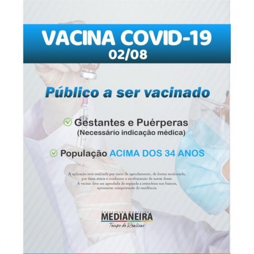 Medianeira divulga vacinação para população em geral acima de 34 anos