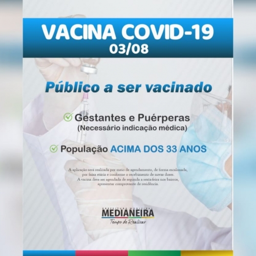 Medianeira libera vacinação para população em geral acima de 33 anos