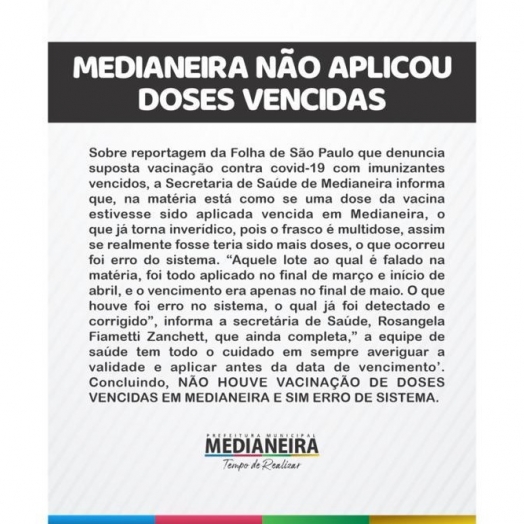 Medianeira não aplicou doses vencidas, diz Secretaria da Saúde