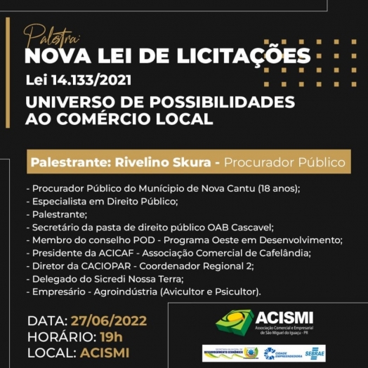 Palestra sobre a Nova Lei de Licitações da ACISMI é transferida para o dia 27