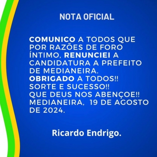 Ricardo Endrigo desiste de disputar ao cargo de prefeito de Medianeira