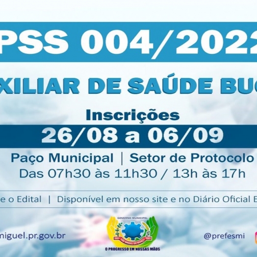 São Miguel do Iguaçu abre inscrições do PSS para contratação de Auxiliar de Saúde Bucal