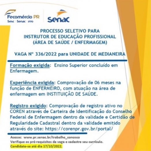 Senac Medianeira abre processo seletivo para Instrutor de Educação Profissional