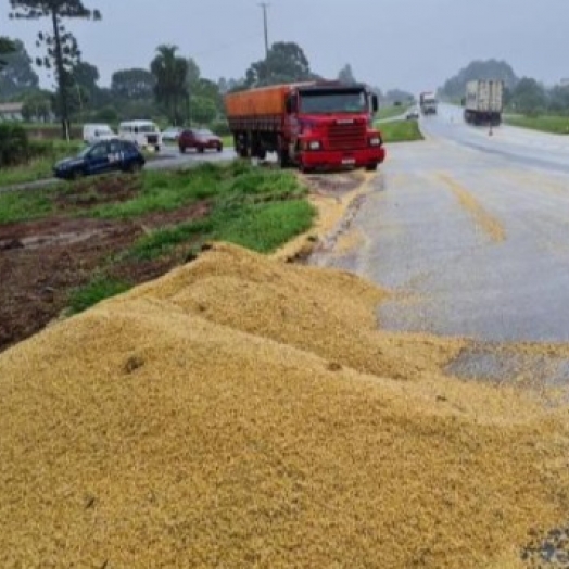 Soja é derramada na pista após tamba traseira de carreta abrir na BR-277